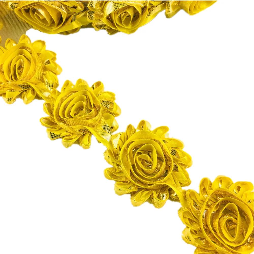 10Yards Shinny Gold Roses Flowers Silk Glitter Shabby Blossom Head  For Crafts Hair Accessories Valentines Day Weddi